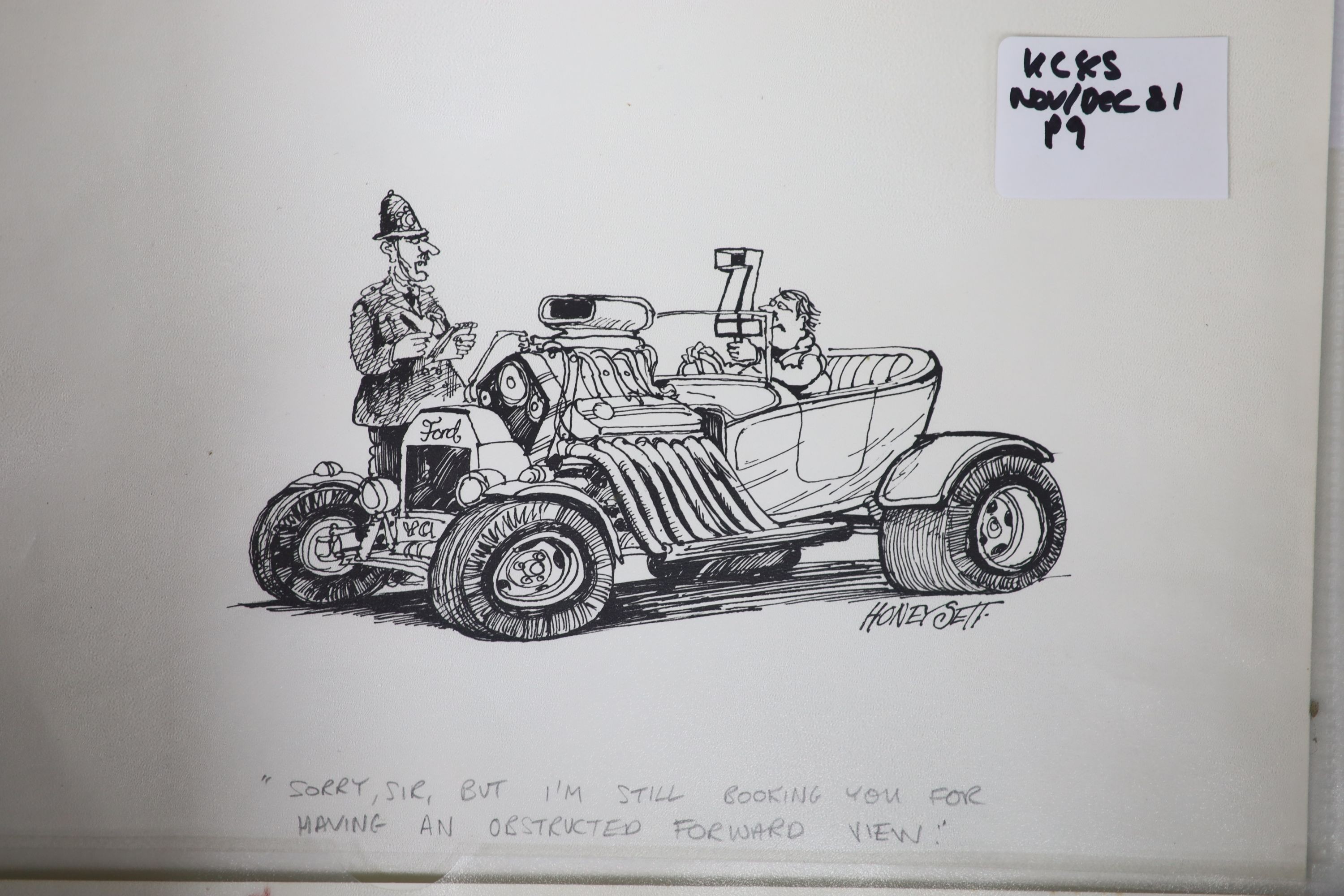 Martin Honeysett (b.1943-), four original cartoons, 'when I get my licence back..' (Kitcars Oct. 82), Kit Wit (Kitcars 1982), obstructed view (Kitcars Nov 82), and loose wheel, signed, 20.5 x 30cm, unframed.